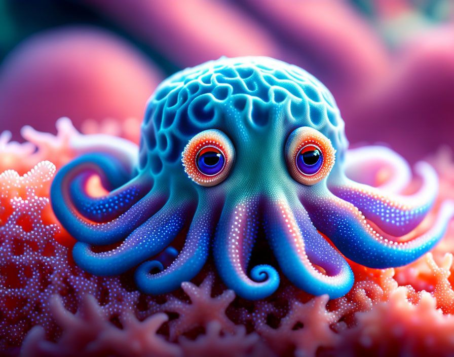 Colorful Stylized Blue Octopus Illustration with Orange Eyes on Coral