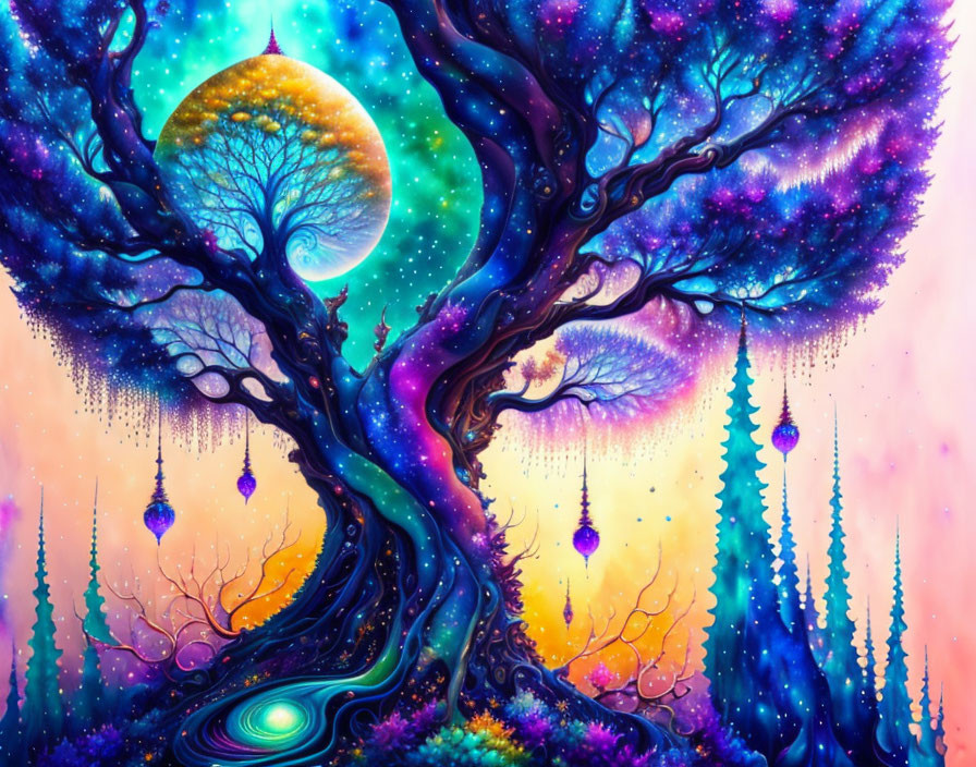 Surreal tree in vibrant fantasy landscape