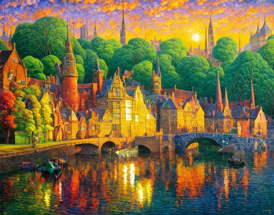 Scenic painting: Riverside village with stone bridges and medieval buildings at sunset