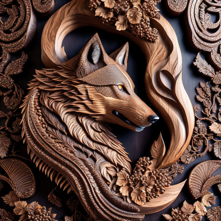 Intricate Wooden Fox Head Carving with Floral and Leaf Patterns