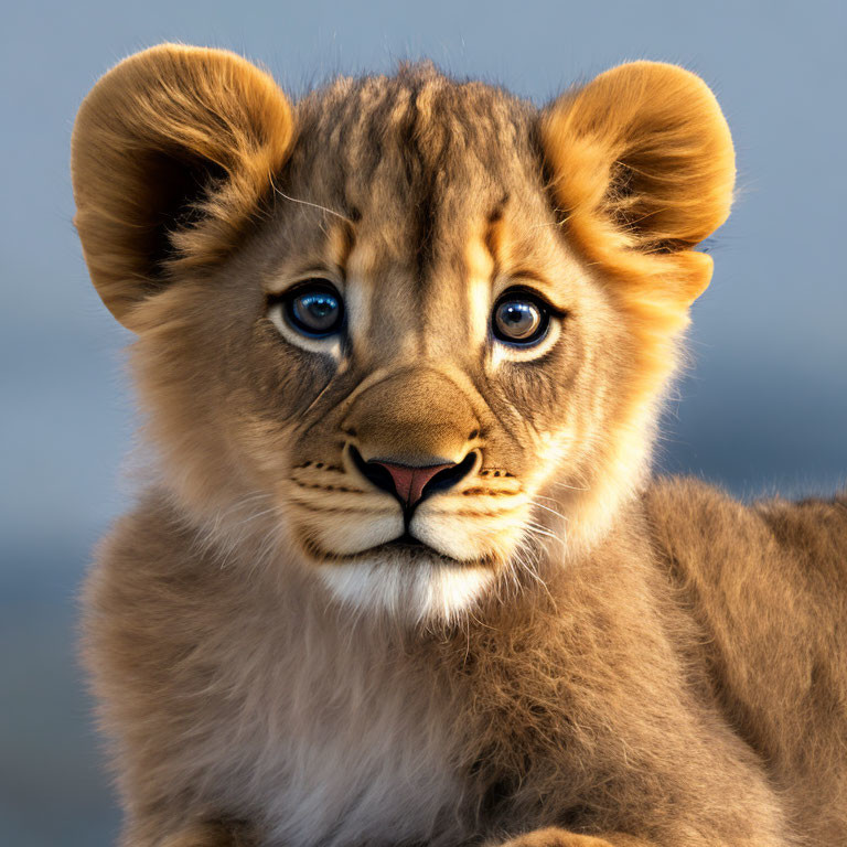 Young lion cub with soft mane and blue eyes in close-up view