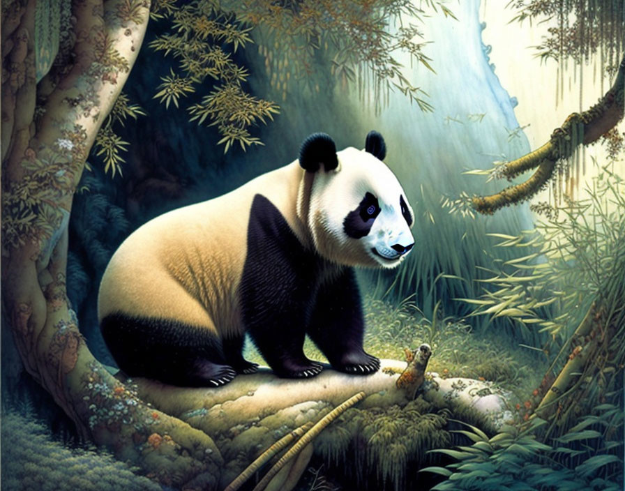 Giant panda in serene forest clearing with lush greenery