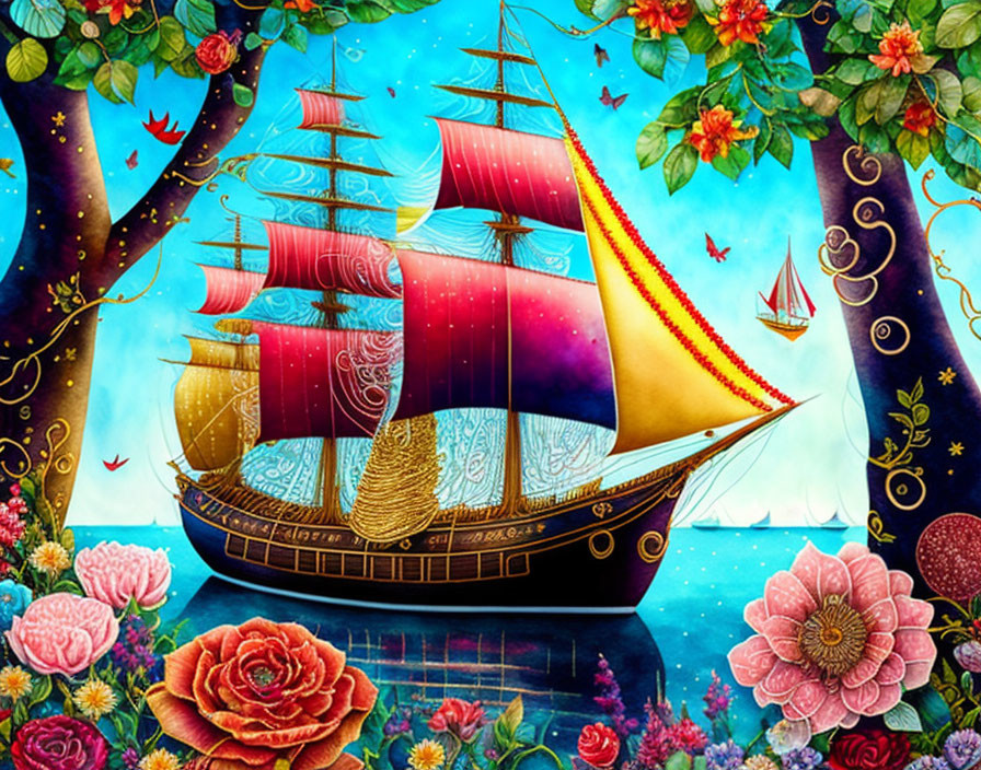 Whimsical ship with patterned sails on vibrant ocean surrounded by nature under starry sky