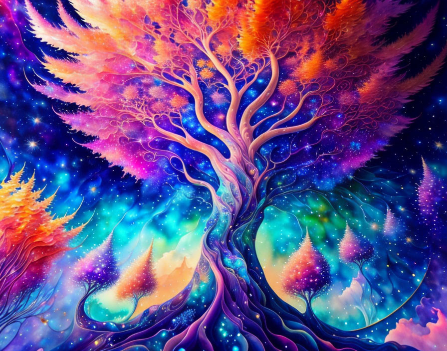 Colorful fantasy artwork: Whimsical tree with fiery leaves in cosmic setting