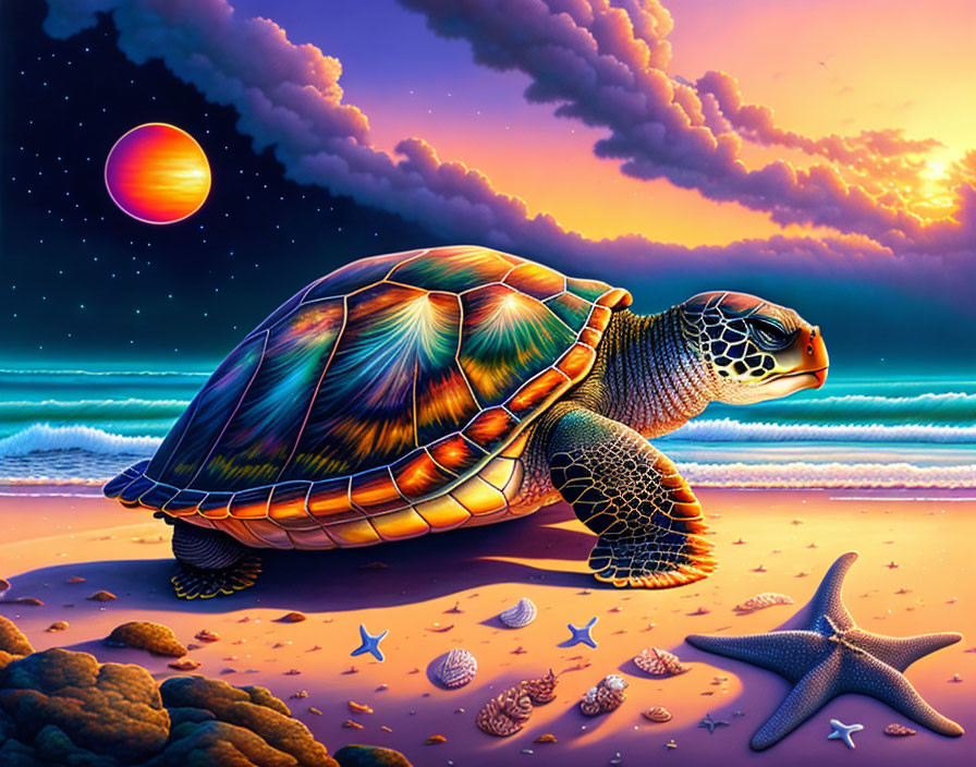 Colorful Turtle with Stained Glass Shell on Beach at Sunset with Red Planet in Sky