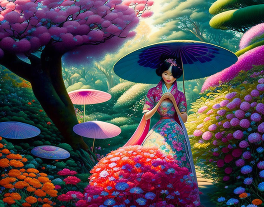 Traditional Asian woman with umbrella in vibrant fantasy garden