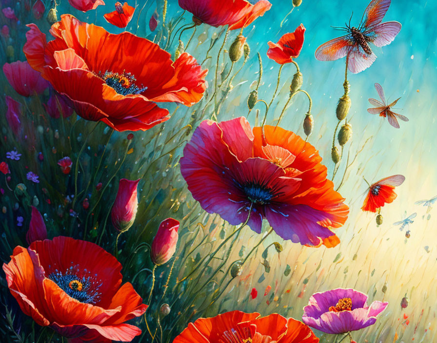 Colorful red poppies and butterflies in serene nature scene