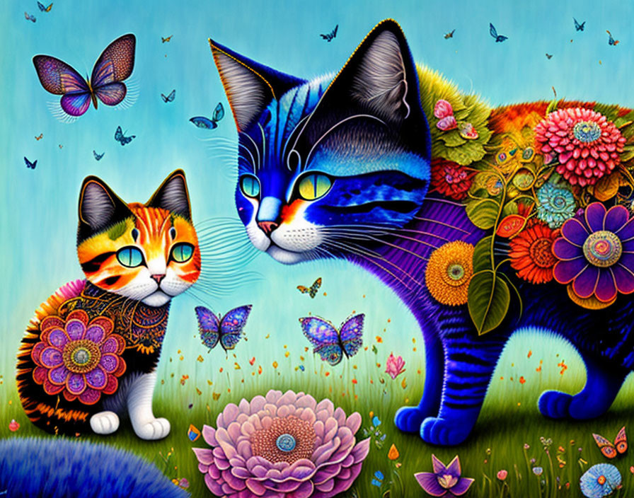 Colorful Stylized Cats Surrounded by Butterflies and Flowers