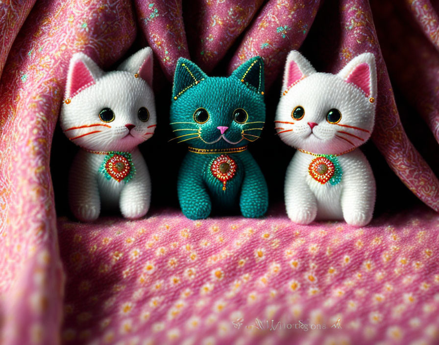 Three cat figurines with sparkling eyes and ornate necklaces on pink fabric