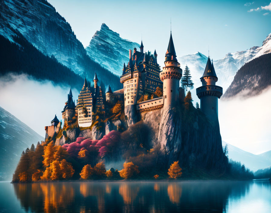 Castle with spires by lake, autumn trees, mountain scenery, blue sky