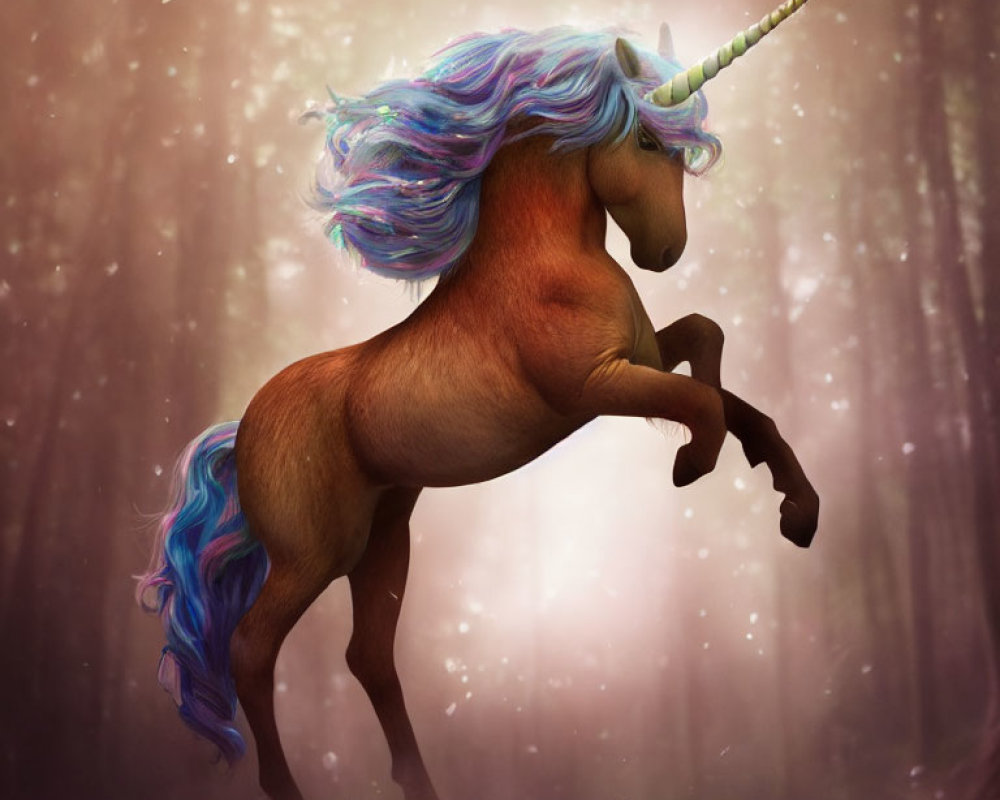 Majestic unicorn with spiral horn in misty forest