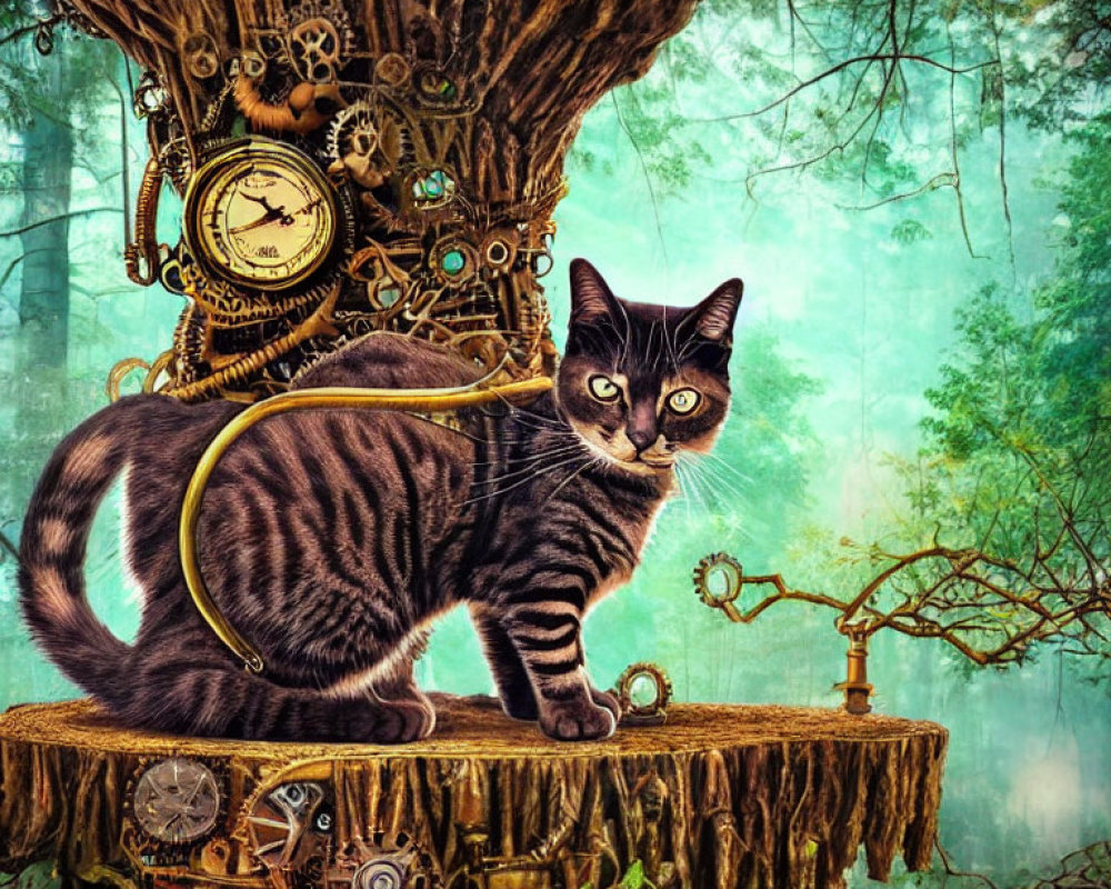 Striped Cat on Gear and Clock Tree Stump in Whimsical Forest