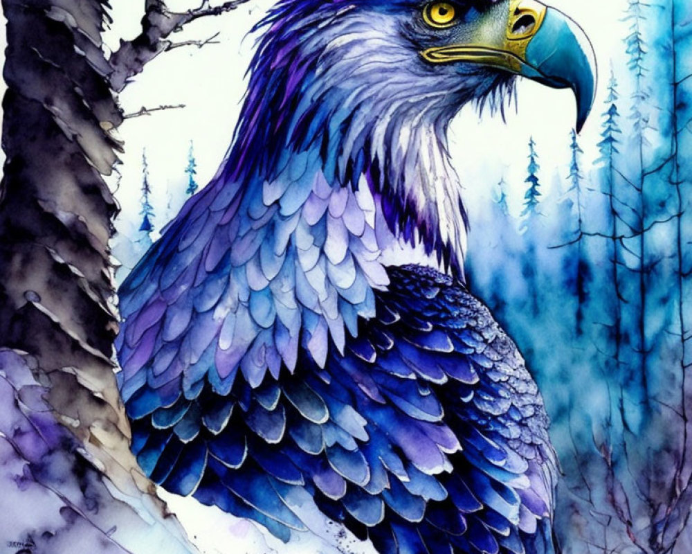 Detailed Watercolor Painting of Eagle in Purple and Blue Plumage