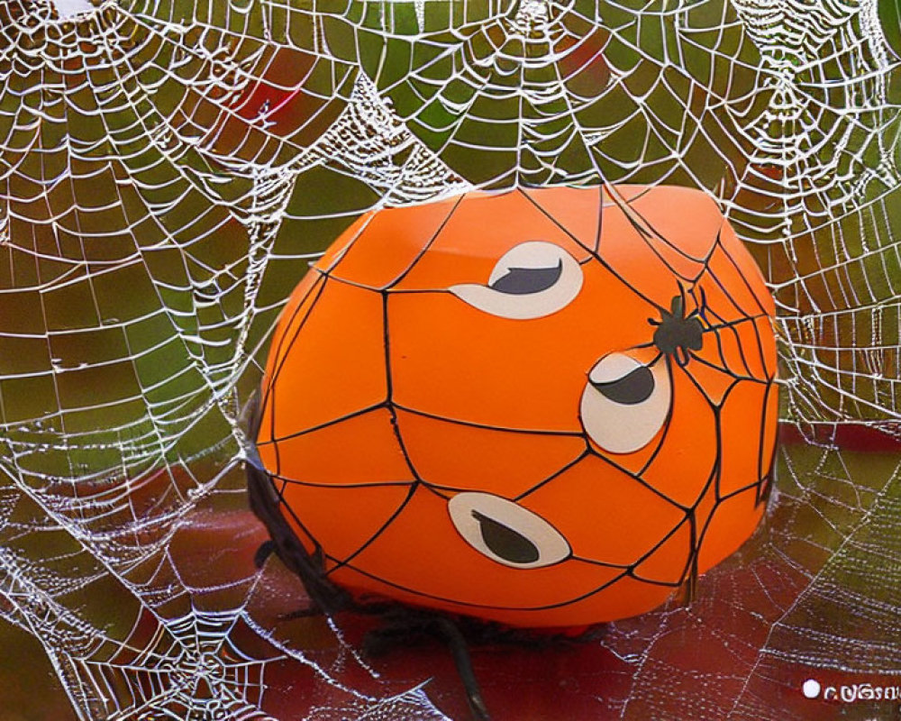 Spooky Halloween-themed orange ball with face in spiderweb.