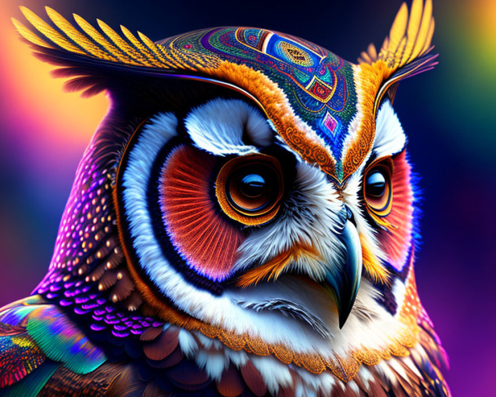 Colorful Digital Artwork: Owl with Intricate Patterns and Expressive Eyes