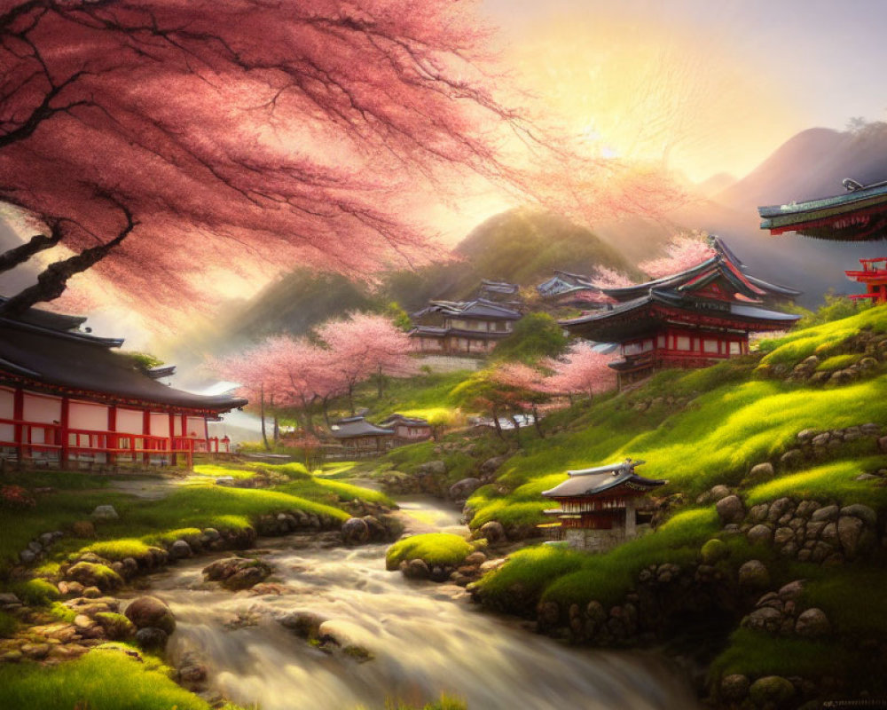 Tranquil landscape with vibrant stream, red buildings, and cherry blossoms