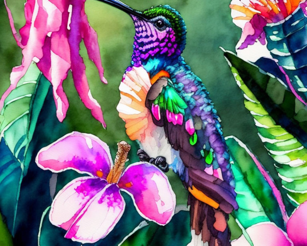 Colorful Watercolor Painting: Hummingbird Feeding on Pink Flower