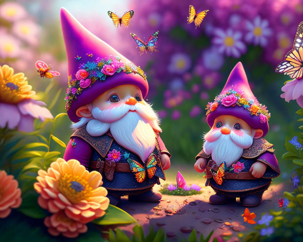 Colorful garden gnomes with flower hats and beards in whimsical garden scene