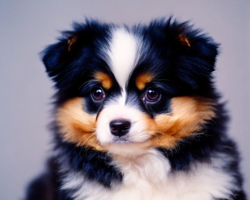 Tricolor fluffy puppy with black, white, and tan fur on blurred background