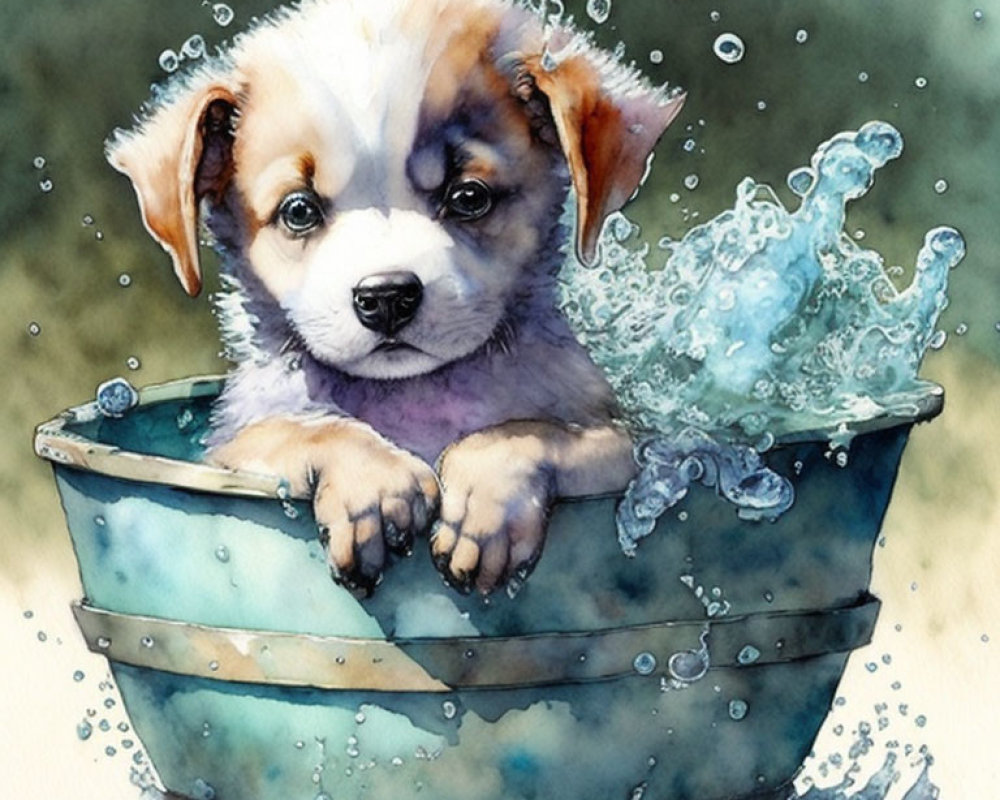 Watercolor illustration of cute puppy in metal tub with splashing water