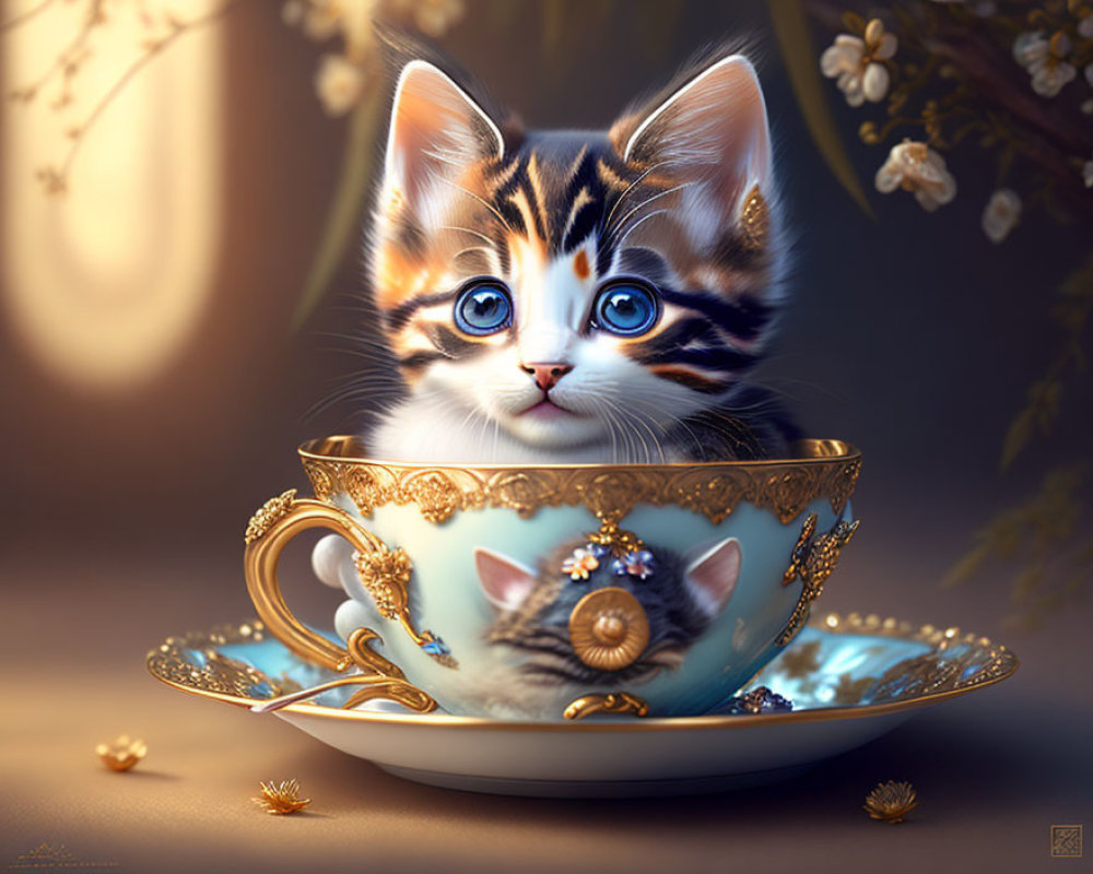 Wide-eyed kitten in gold-trimmed teacup among whimsical flowers