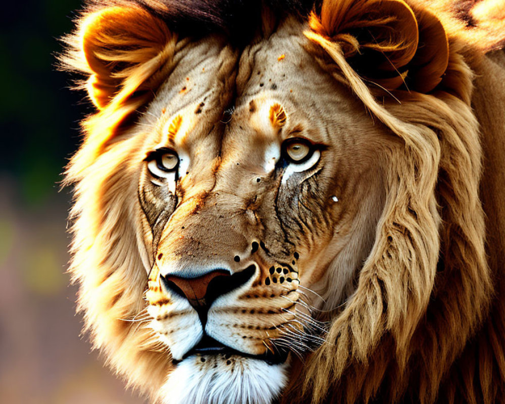 Majestic lion with vivid mane and piercing eyes in soft-focus background