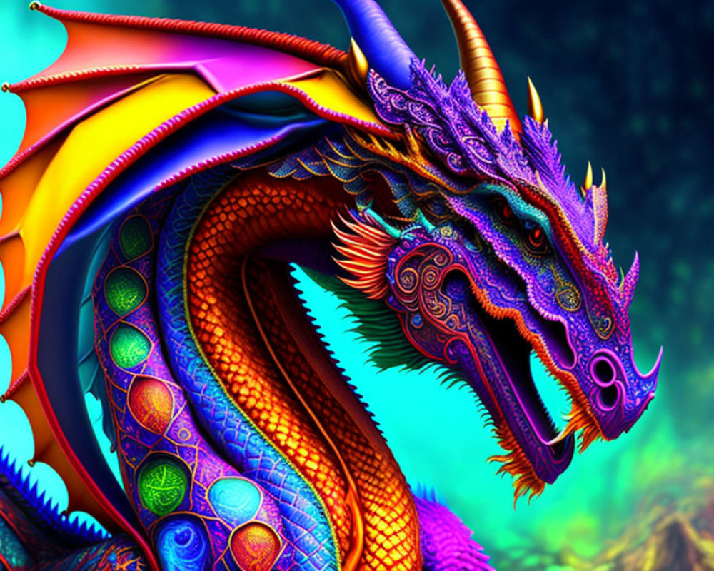 Colorful Dragon Artwork with Large Wings and Horn Details