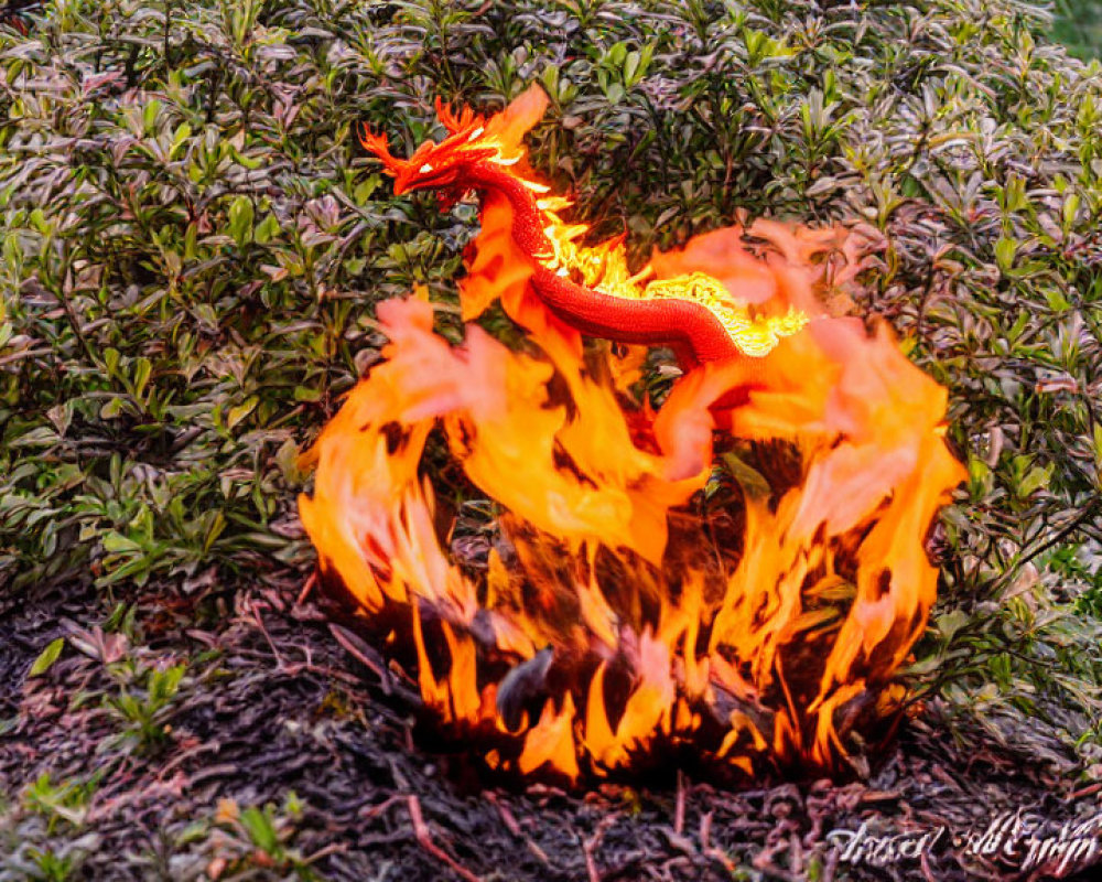 Red and Yellow Dragon Figurine Engulfed in Flames Among Green Shrubs