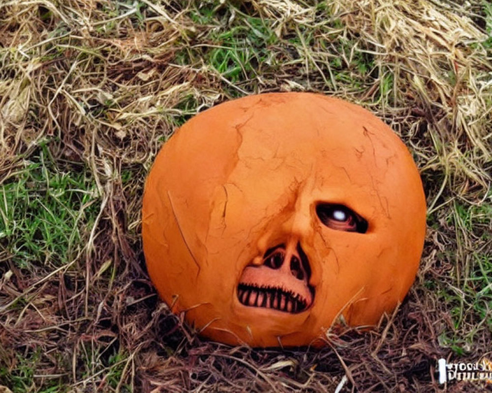 Weathered jack-o'-lantern with scary face on grass with dead leaves.
