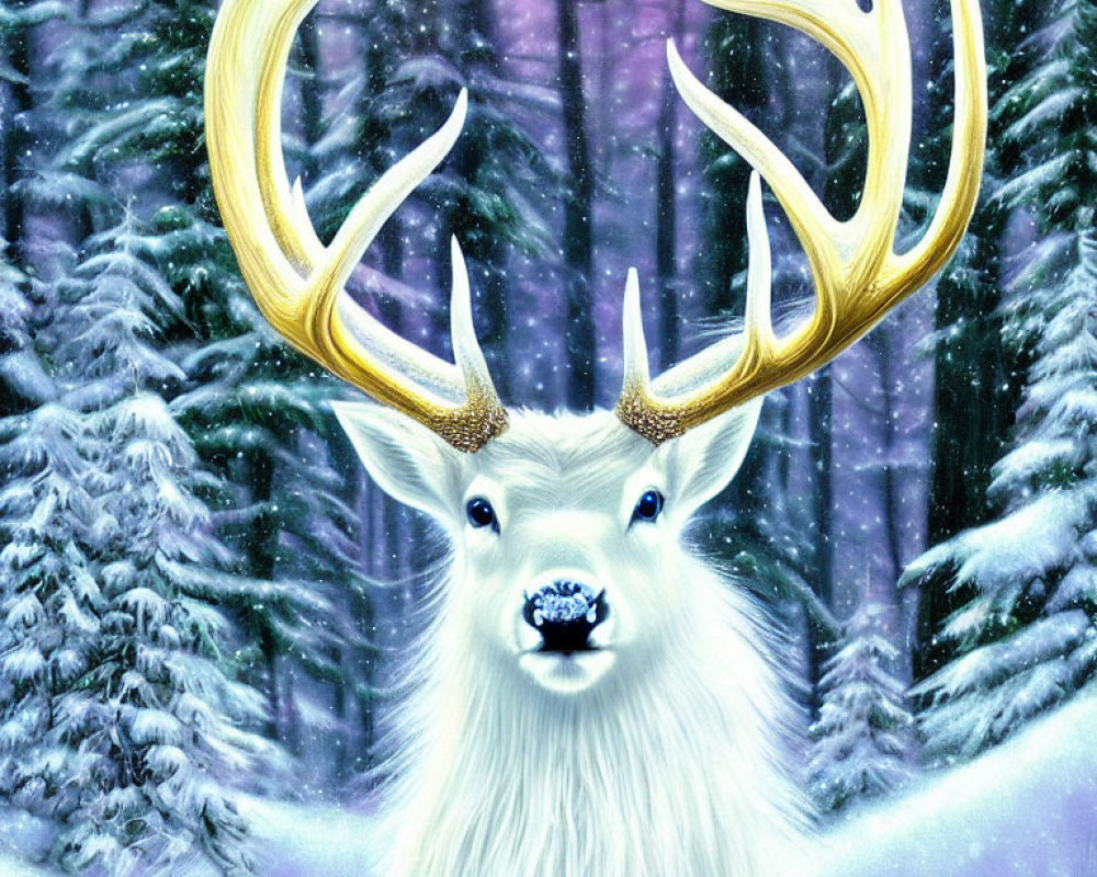 White stag with golden antlers in snowy forest scene