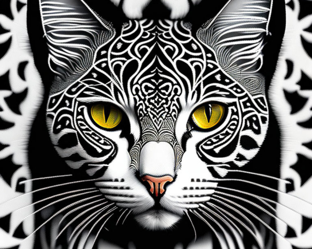 Symmetrical Black and White Cat Illustration with Tribal Patterns and Yellow Eyes