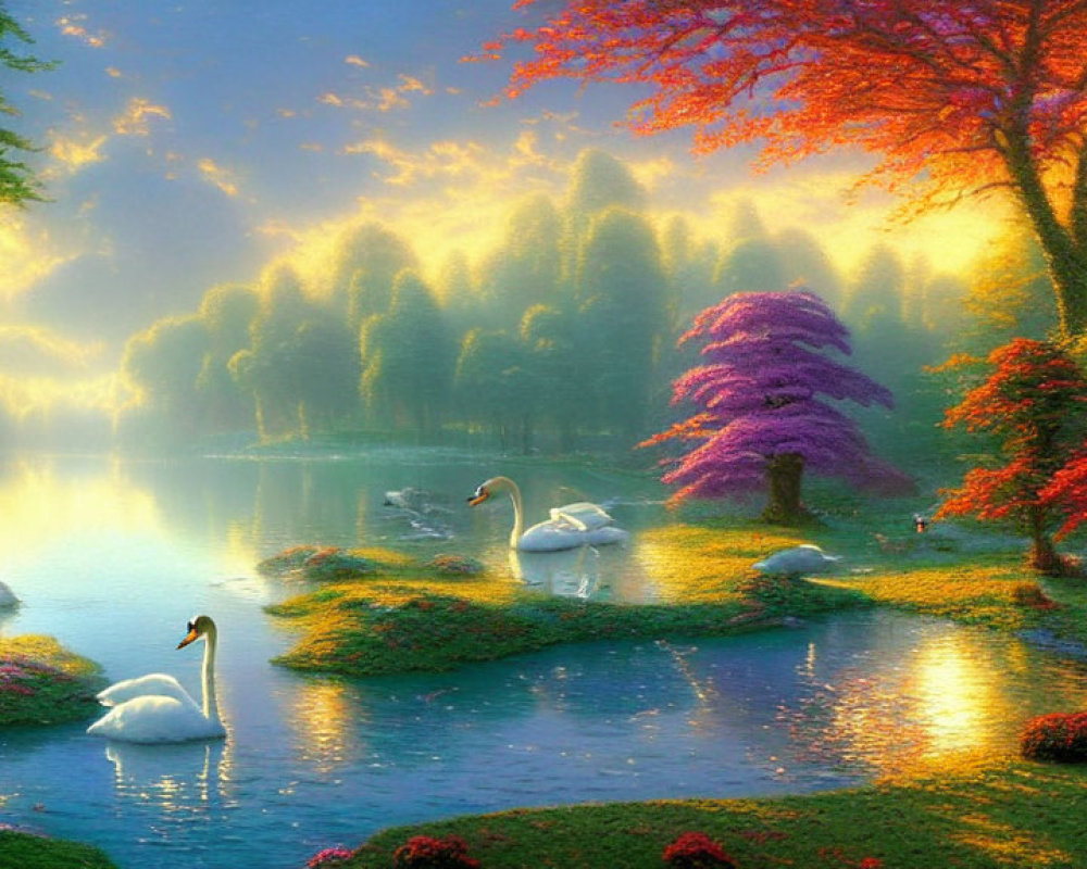 Tranquil landscape with swans on a colorful lake