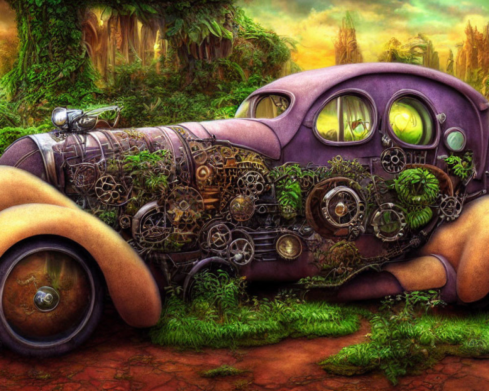 Vintage fantasy car with intricate mechanical details and plant overgrowth in lush magical forest.