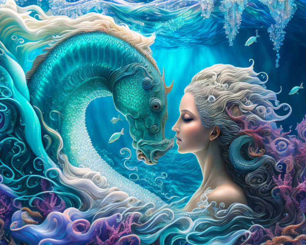 Surreal underwater scene: woman with flowing hair and ornate seahorse among marine flora