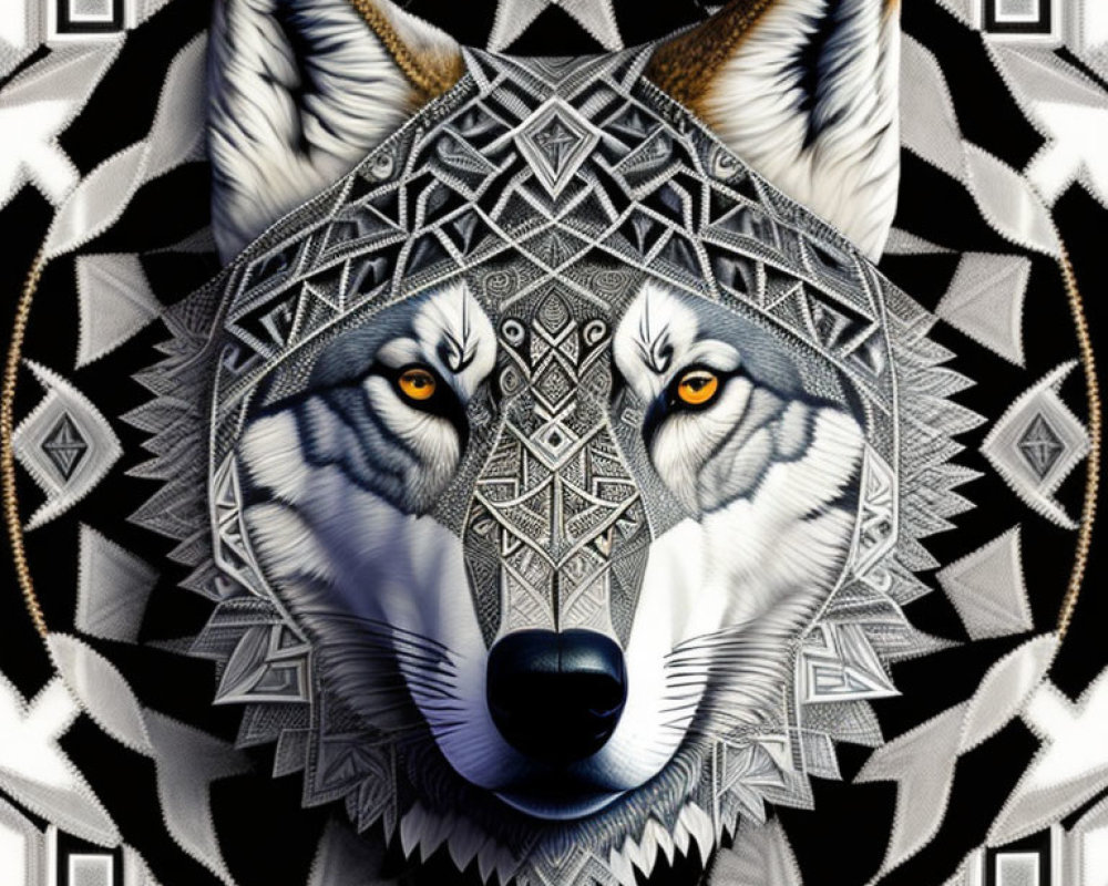 Geometric wolf head illustration on tribal background