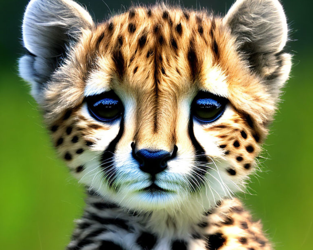 Cheetah cub with blue eyes and spotted fur on green background