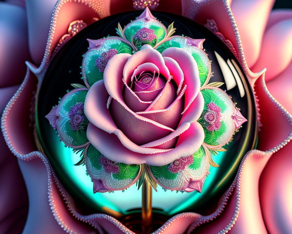 Pink fractal rose in spherical portal with vibrant patterns.