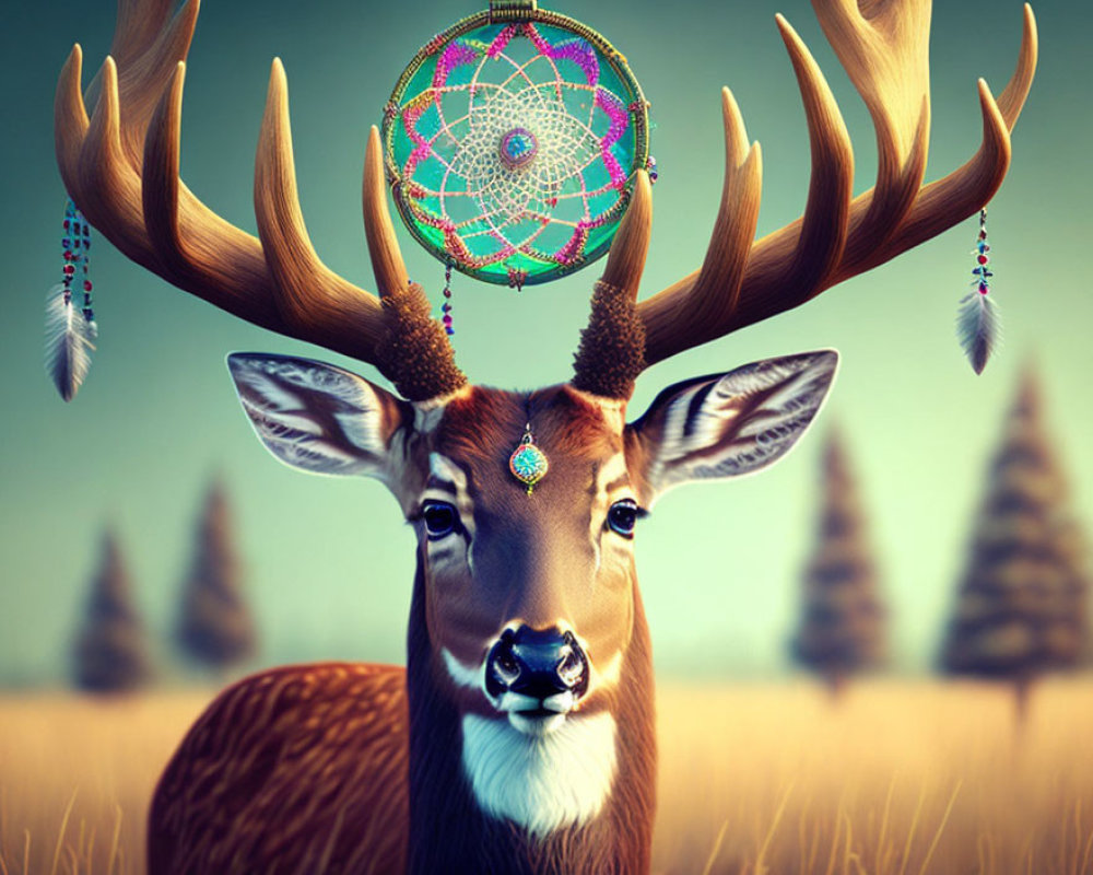 Vibrant deer digital art with dreamcatcher and jeweled forehead