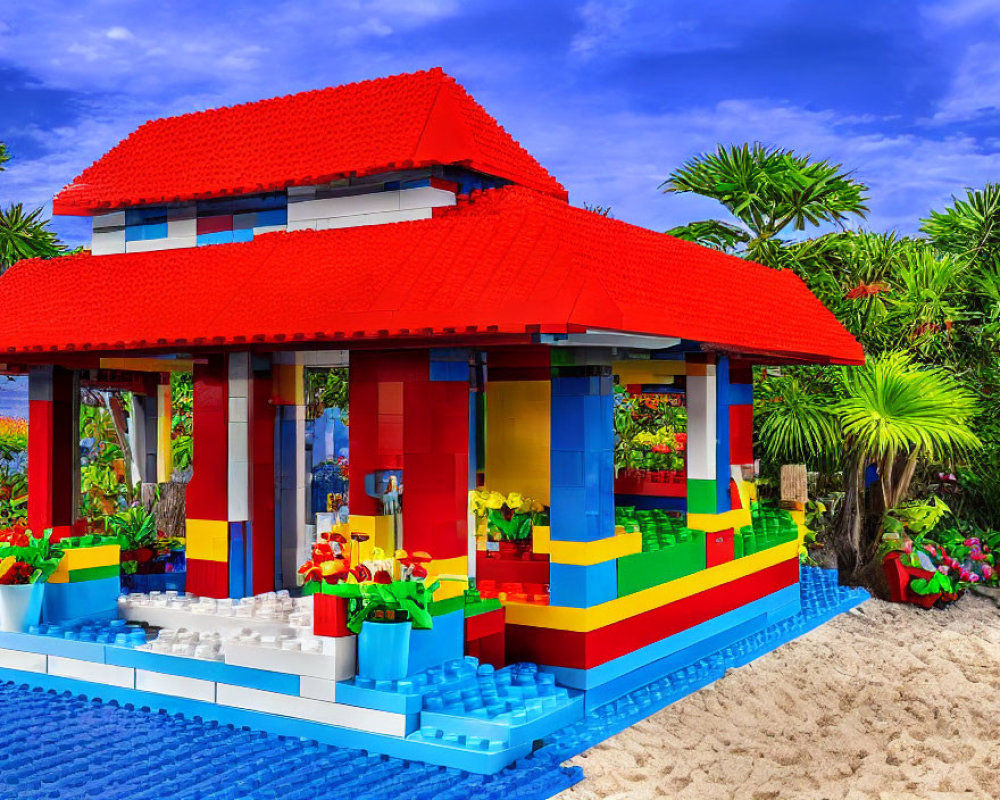 Vibrant Lego house with red roof on beach near water and tropical plants.