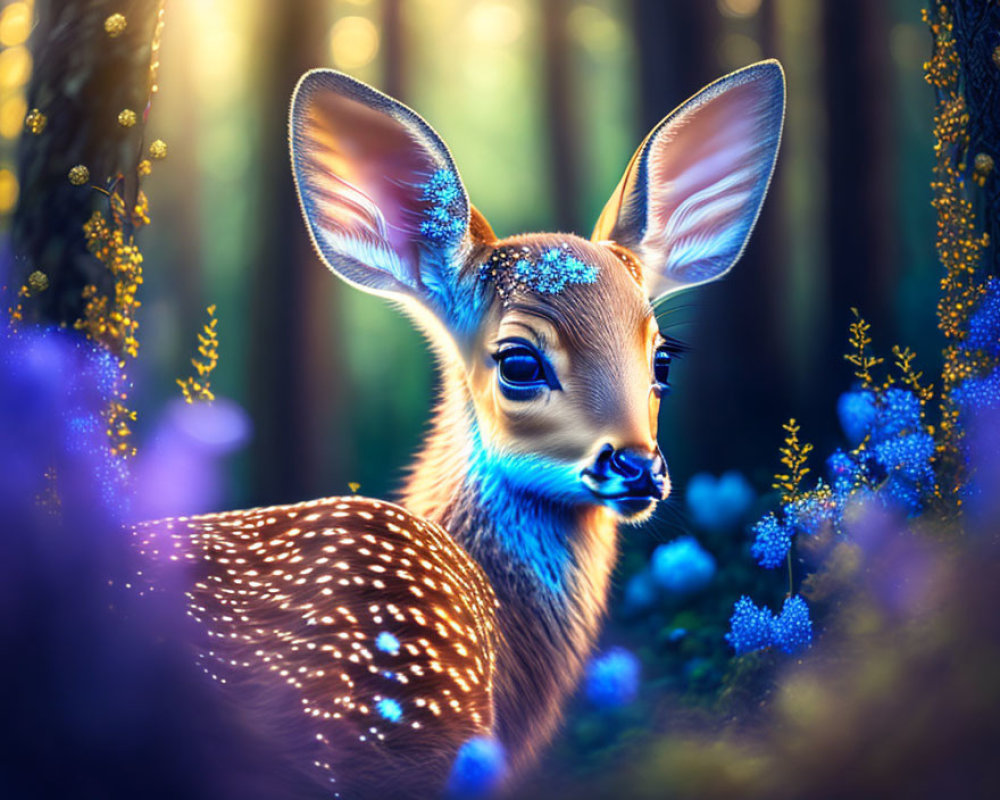 Young deer with white spots in magical blue forest with purple flowers