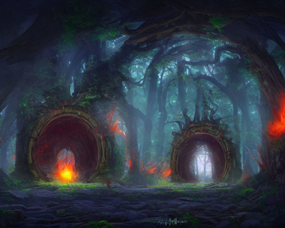 Enchanted forest with two glowing magical portals amid ancient trees