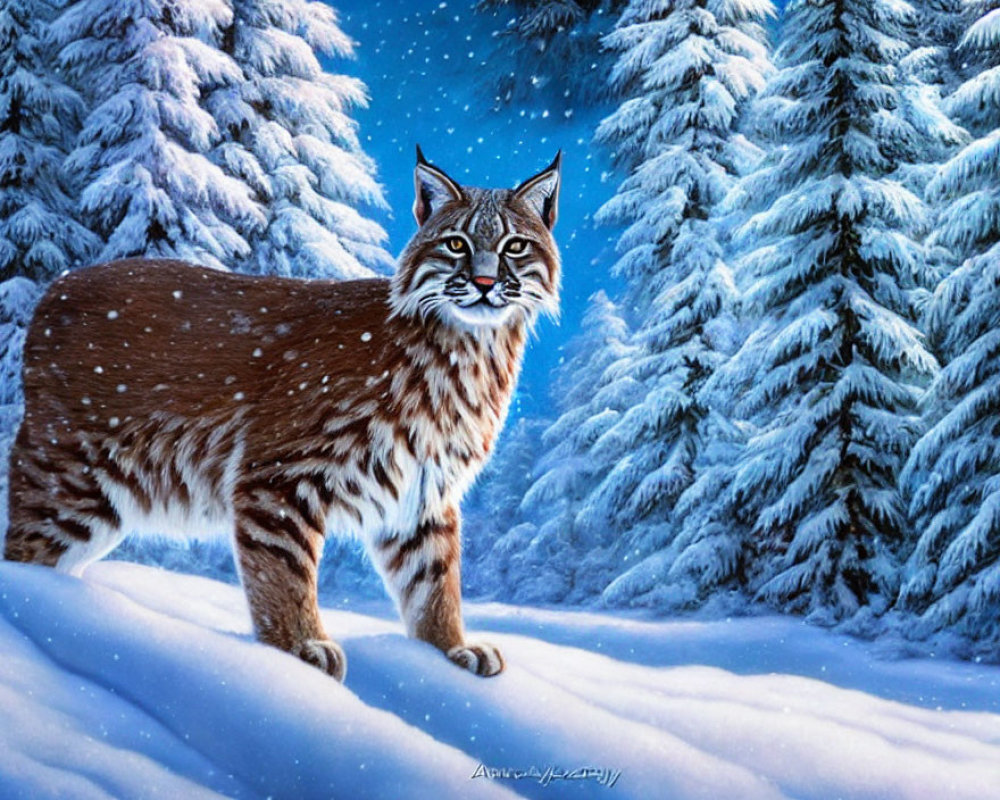 Lynx in Snowy Forest with Snow-Dusted Pine Trees