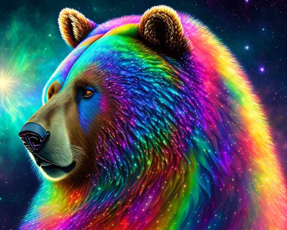 Colorful Bear Artwork Against Starry Background with Bright Star