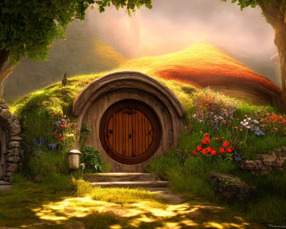 Cozy hobbit hole nestled in a grassy hill with wooden door