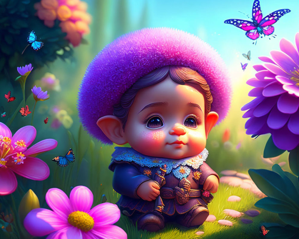 Adorable baby with big eyes in pink hat surrounded by flowers