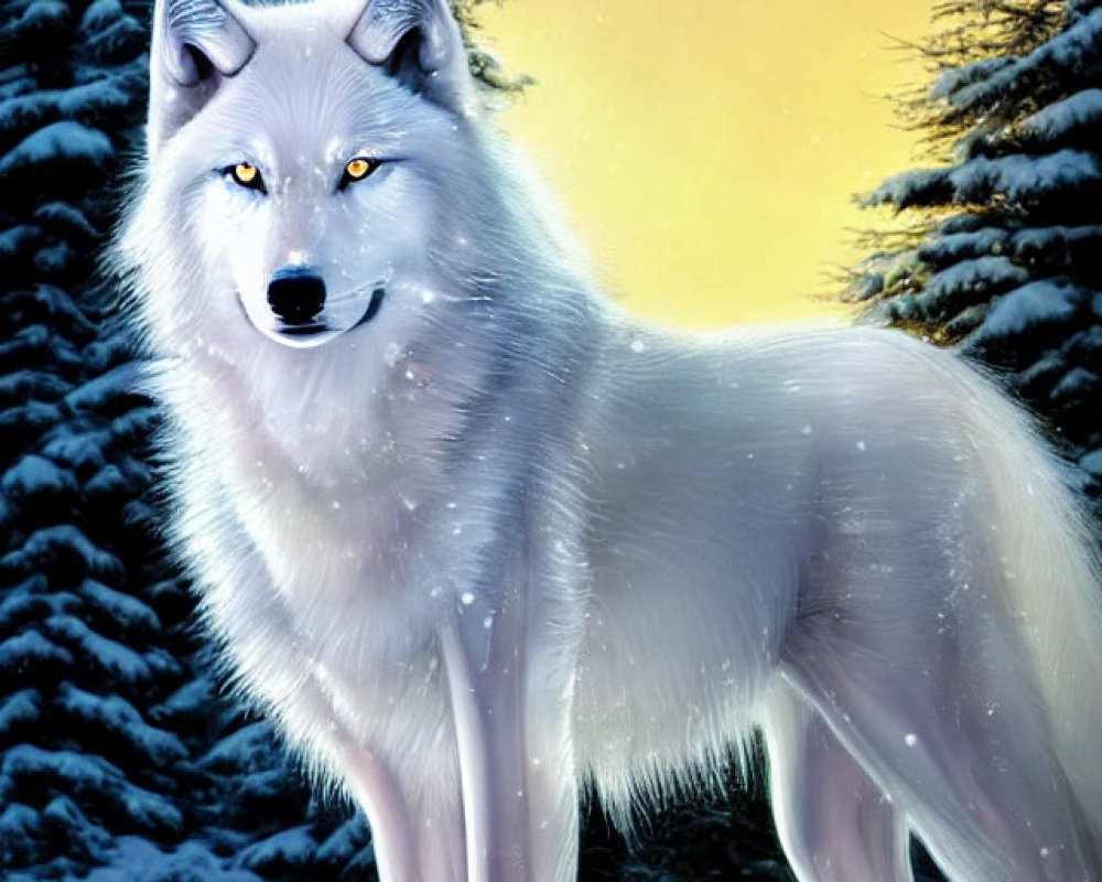 White Wolf in Snowy Landscape with Pine Trees and Dusk Sky