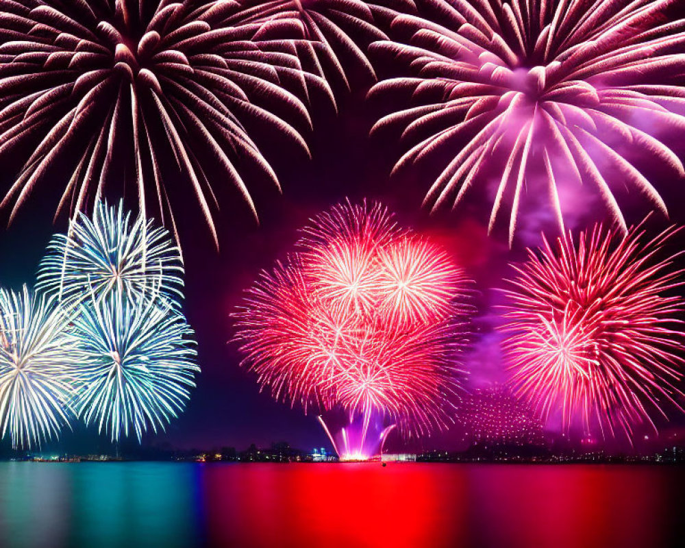 Colorful fireworks display reflecting on water with red, pink, purple, and white bursts at night