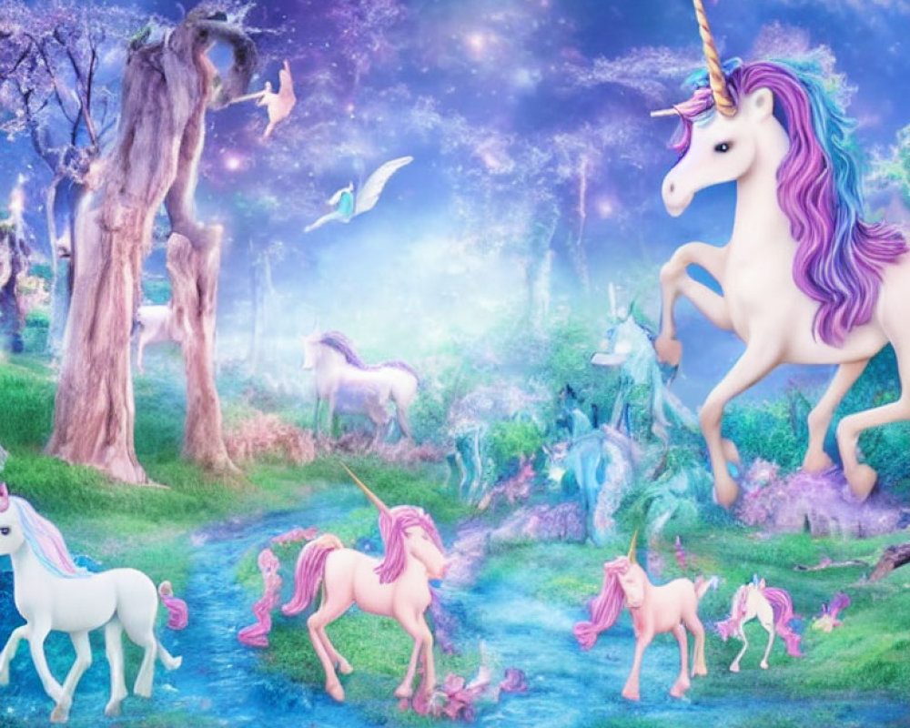 Colorful unicorns in whimsical fantasy landscape