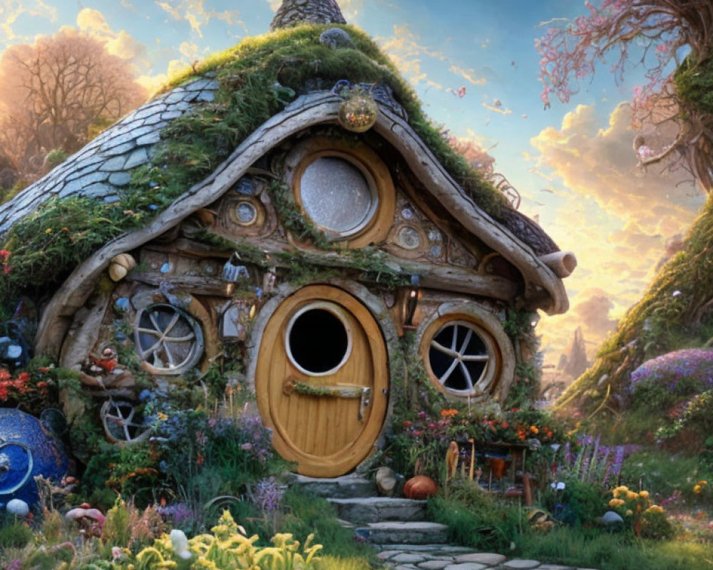 Whimsical round-doored cottage with moss-covered roof in lush garden setting