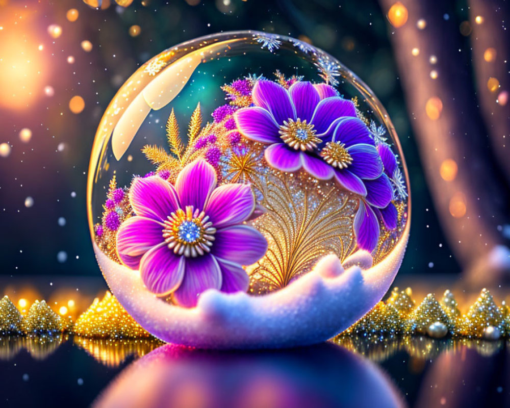 Translucent orb with vibrant purple flowers on starry backdrop